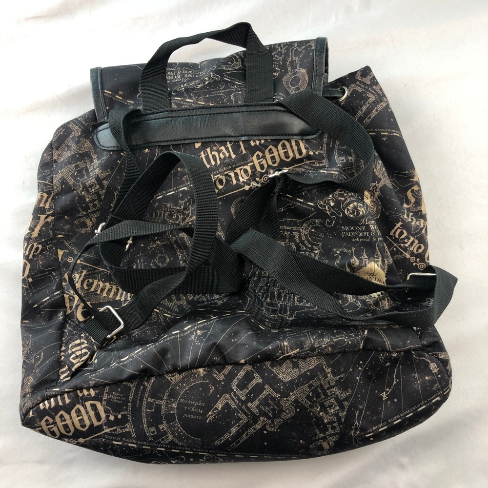 Harry Potter Marauders Map Backpack Black Gold Drawstring Buckle Bag